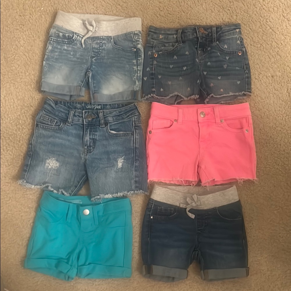 Girls' Assorted Denim & Knit Waist Shorts - Pink, Blue, Turquoise XS (4/5)